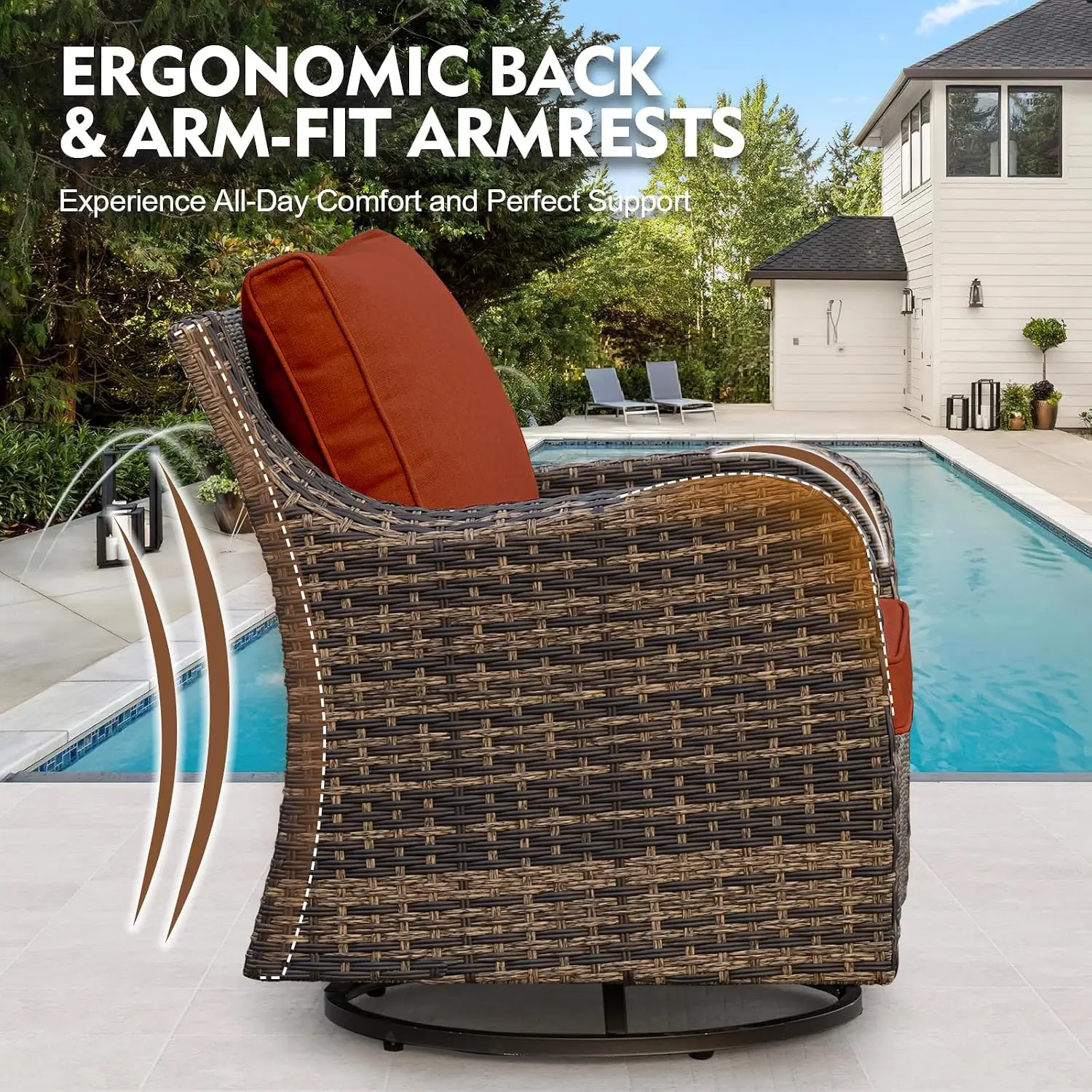 3-Piece Patio Swivel Rocker Chair Washable Cushion Glass Table Rattan Conversation Set Lawn Backyard Porch, Customized