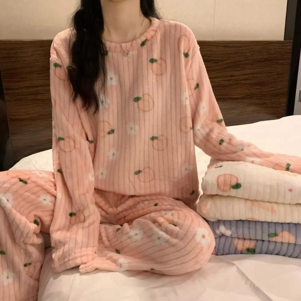 

Cute Bear Velvet Sleepwear Set Flower Peach Plush Pajama Suit Long Sleeve Nightwear Winter Thick Warm Pajamas Autumn Winter