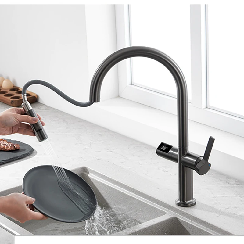 KEMAIDI Temperature Digital Display Touchless Kitchen Faucets Sensor Smart Handle Kitchen Sink Faucet withPull Down Sprayer