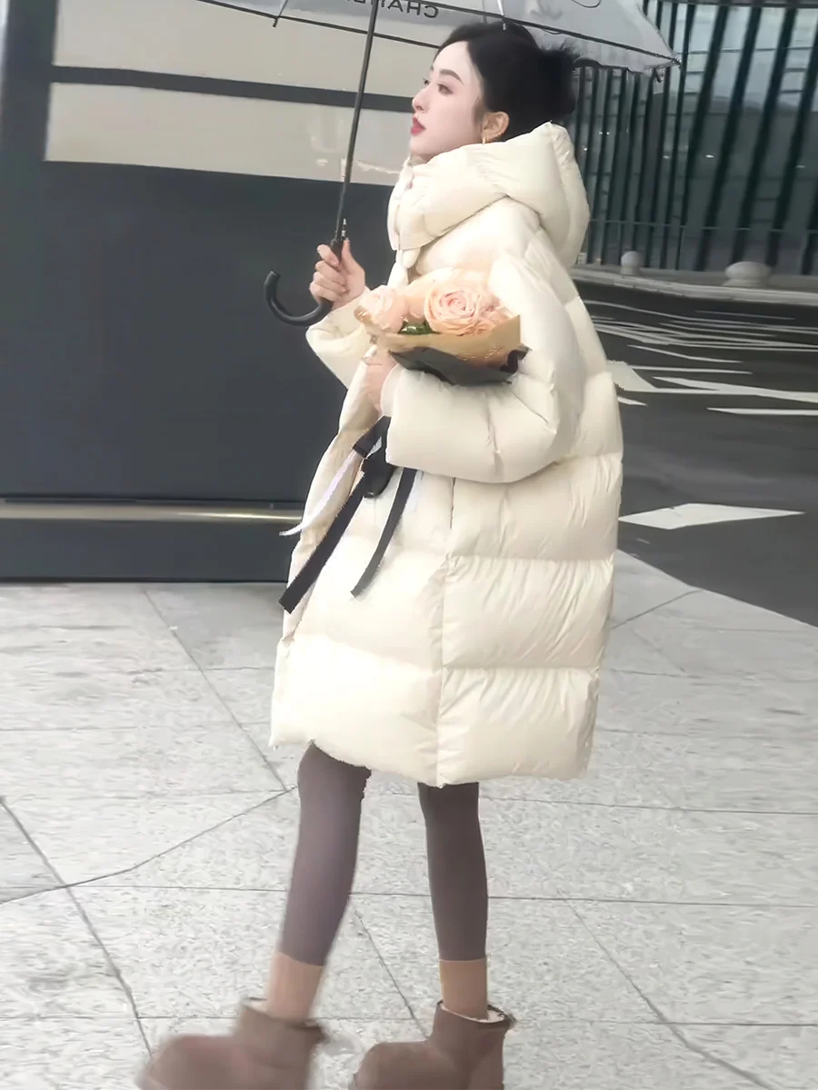 Koreańska kurtka puchowa z kapturem, średniej długości, damska, zimowa, nowa, luźna, typu puchowy płaszcz, odzież wierzchnia, długi płaszcz z zamkiem błyskawicznym.