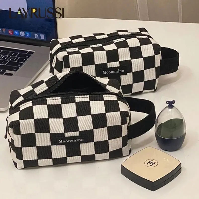 Layrussi Women Toiletries Storage Bag Ladies Portable Cosmetic Bag Checkerboard Plaid Makeup Bag Student Pen Bag Female Handbag