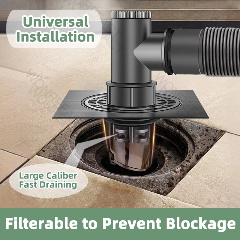 استنزاف أرضية الحمام مربع كبير مع تصريف أرضية الماسك الشعر الأساسية 304 الفولاذ المقاوم للصدأ ملحقات الحمام العالمية