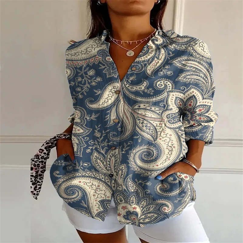 2024 New Women\'s Long Shirt 3D Digital Printing Women\'s Casual Drop Shoulder Sleeve Shirt Retro Floral Shirt Top