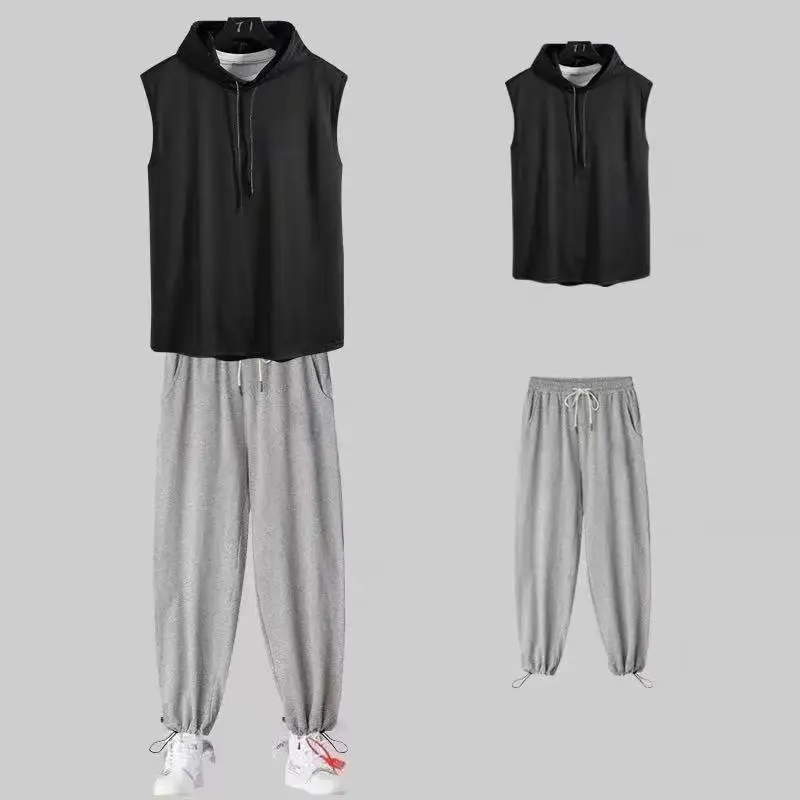

Hong Kong style street hooded vest, men's fashion hooded sleeveless T-shirt & Summer waistcoat pant set