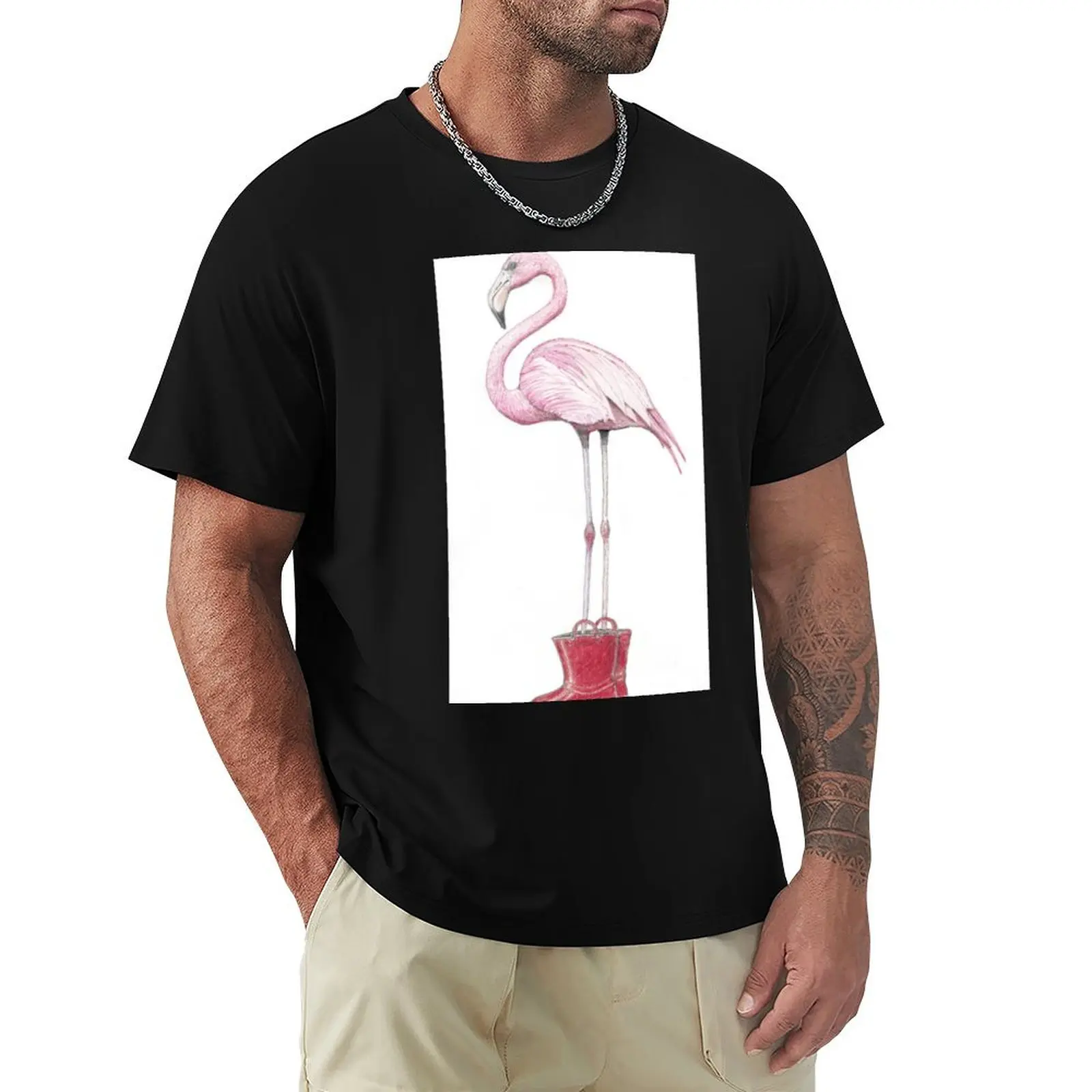 flamingo in red boots T-Shirt Basic Breathable Solid Color T-Shirt