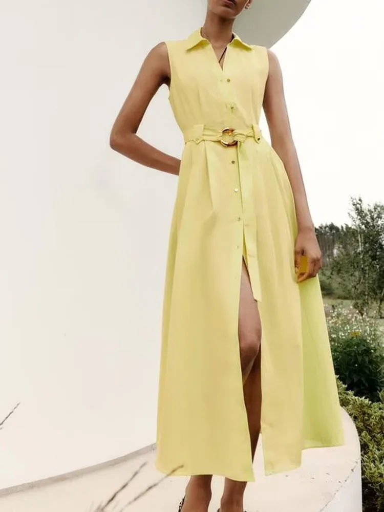 

Новое поступление лета, женские шелковые марлевые воротники миди Dr с отложным воротником и поясом Ele Faionable 502965