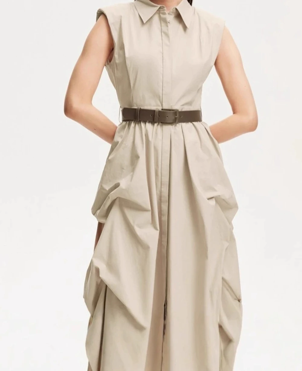

French style sleeveless lapel long dress 2025 summer new style high-end belt waist large pocket dress-GZXX947