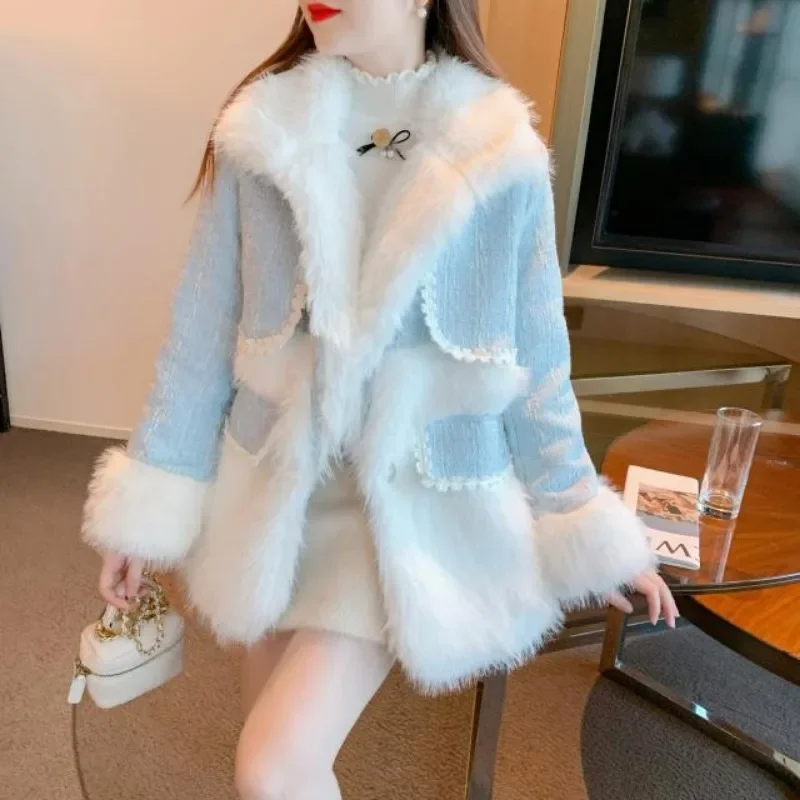 New Female Lamb Coats For Women Clothing Autumn Winter Jackets 2024 Sweet patchwork Outerwear Girls E3187