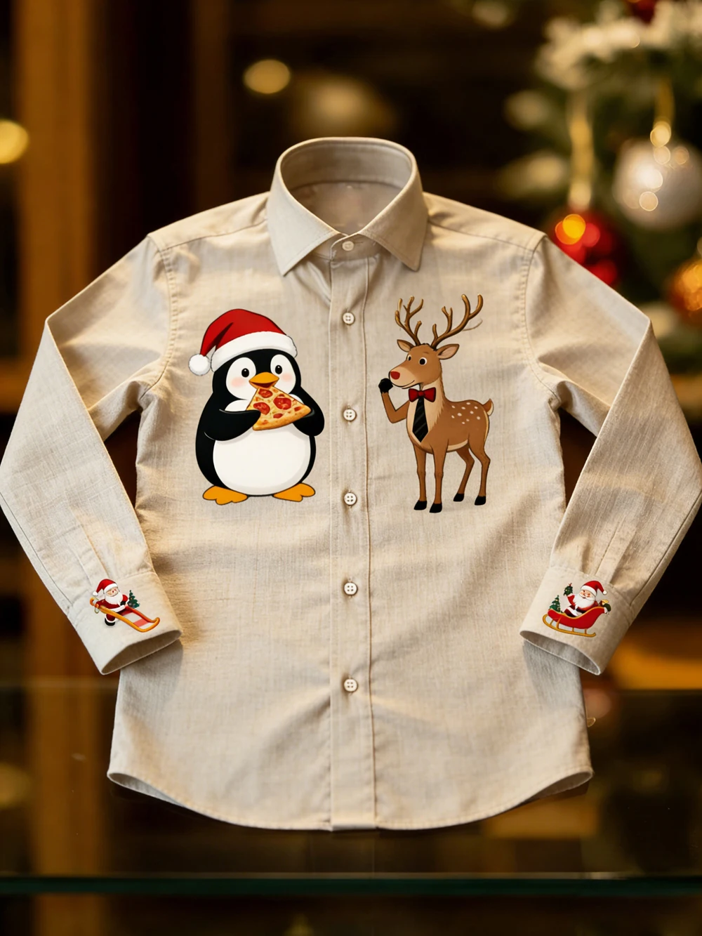 الرجال الكتان عيد الميلاد تزلج الكرتون نمط ثلاثية الأبعاد قميص مطبوع هاواي الاستوائية المنزل حفلة طويلة الأكمام التلبيب قميص ملابس الرجال