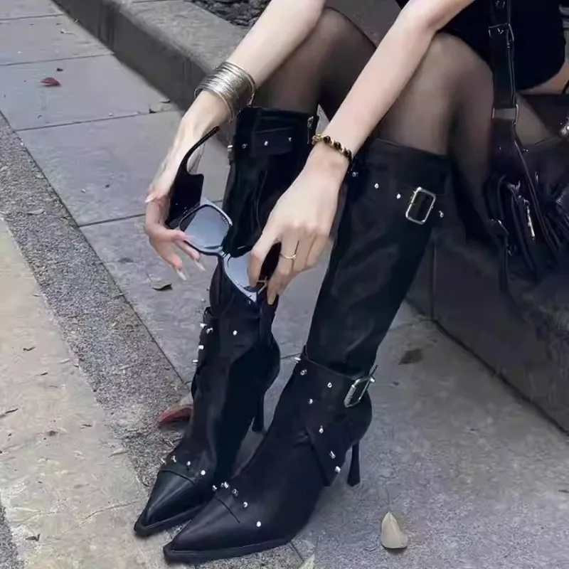 

Studded Metal Buckle High Boots Autumn New Pointed Toe Zip Stiletto Heel Women's Single Shoes