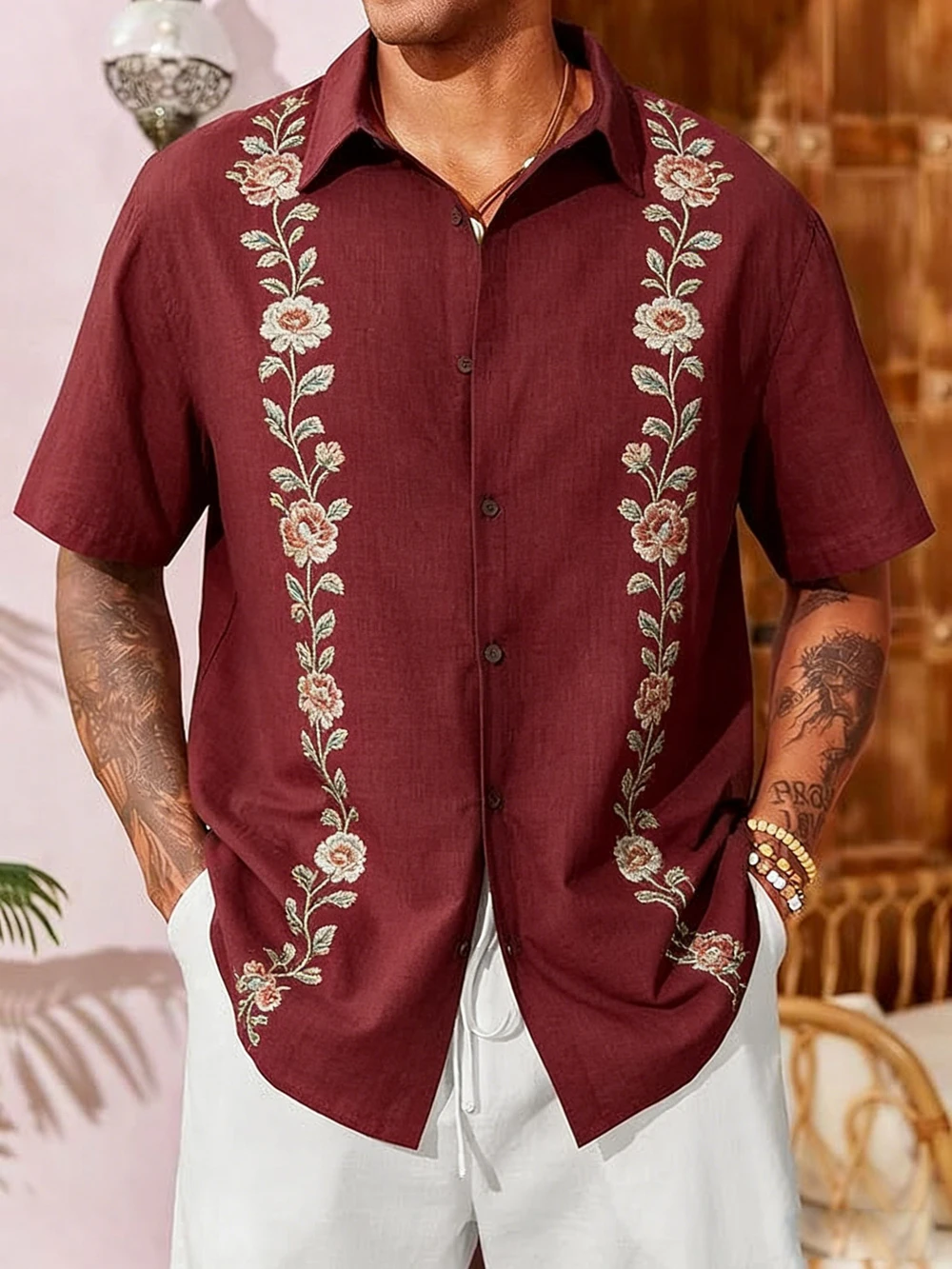 Men's Shirt Color Block Geometric Splicing Print Turn‑down Collar Short Sleeve Vacation Party Casual Button Down Men Clothes