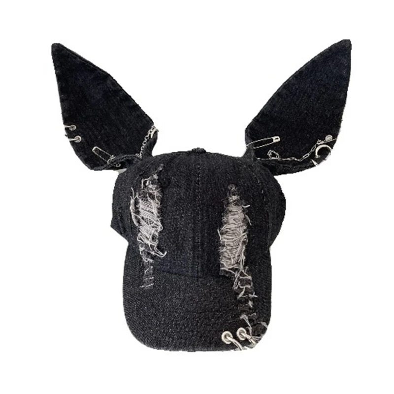 

Teens Distressed Baseball Caps with Rabbit Ears Decors Outdoor Sports Camping Baseball Caps Woman Breathable Cycling Hat