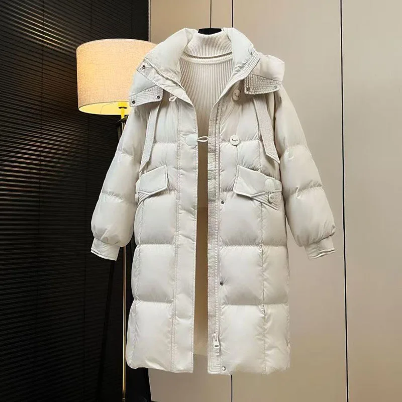 

2025 New White goose down down Jacket for women Winter Loose Hooded Fashion Warm Long Parkas Female Thicken Casual Down Coats