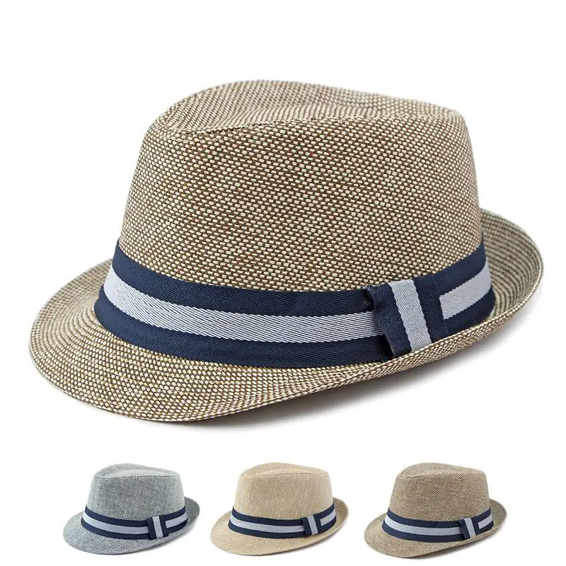 Men\'s Summer Straw Jazz Hat with Contrast Band and Small Brim Panama Style Sun Cap 56-58cm Travel