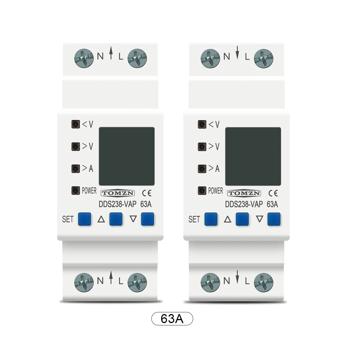 TOMZN 63A 80A 110V 230V Din rail adjustable over under voltage protective device current limit protection Voltmeter ammeter Kwh