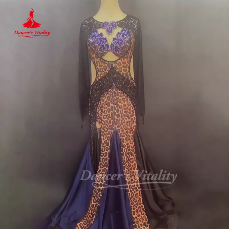 BellyDance Costume Women Customized AB Stones Bra+Leopard Print Dress 2pcs Oriental Dance Competition Clothing Dance's Vitality