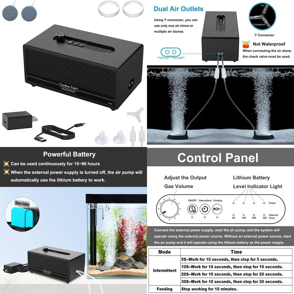

Воздушный компрессор для аквариума 6 Вт (AC/DC) с двумя выходами, автоматическим перезапуском, временем работы 15-96 часов, 2 распылителями воздуха и 15-футовой силиконовой трубкой