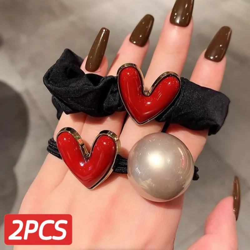 

2Pcs/set New Red High-end Hair Tie, Heart-shaped Headband, Ponytail Hair Elastic, High Elasticity Rubber Band Headband
