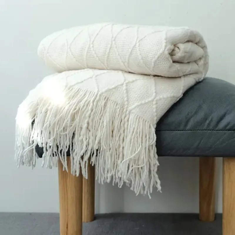 Weiße übergroße Geschenk-Überwurfdecke mit Quasten, weiche Boho-Bettüberwurfdecken, gemütliche gestrickte Überwurfdecke, gestrickte Bauernhausdecken