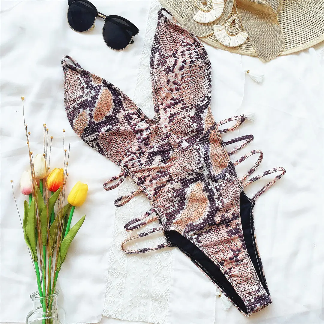Neuer Sexy 2026 Schlangenhaut-Monokini Damen-Badeanzug Einteiliger Badeanzug mit Hohem Beinausschnitt und Tiefem V-Ausschnitt Badebekleidung für Damen V2344 – Detail 17