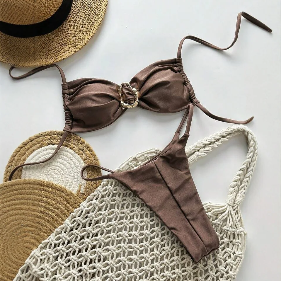 

2025 New Women's Bikini Set Solid 2 Piece Swimsuit Women Sexy Mini Suspender Backless Beach Vacation Bathing Suit Swimwear
