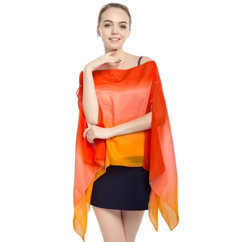 2022 Summer Style New Chiffon Women Pullover Cape Print Gradient Rainbow Sunscreen Cape Lady Poncho Capes Orange Imitation Silk