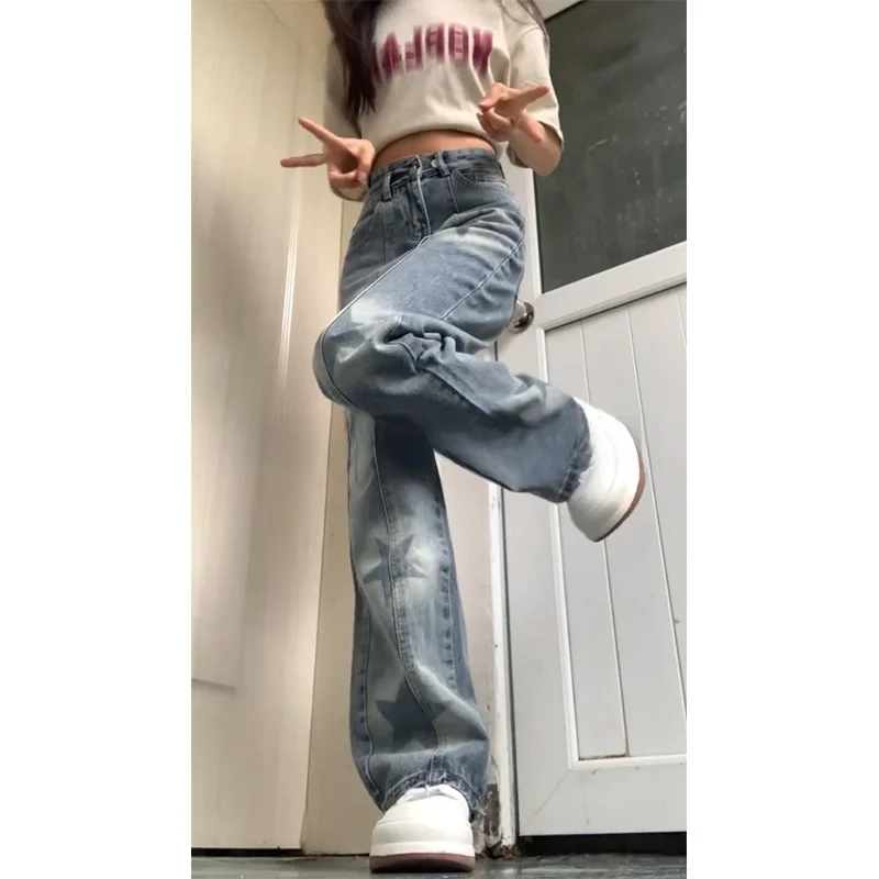 Retro jeans met wijde pijpen en sterrenprint Dames lente herfst Amerikaanse high street slank recht ontwerp Trendy denimbroek