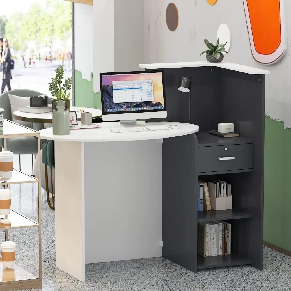 

Front Counter Desk with Lockable Drawers, for Salon Reception Room Checkout Office, White Round Table & Dark Grey Counter