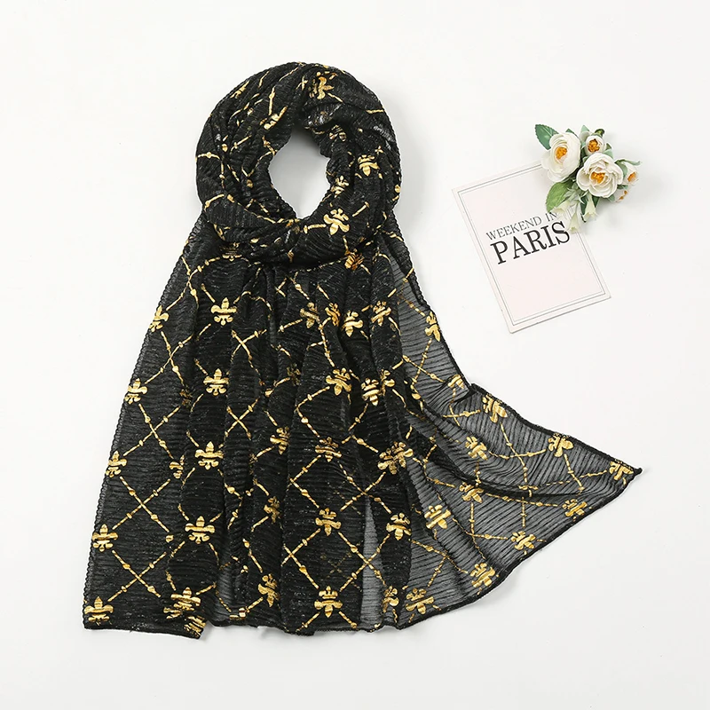 Gold Shimmer Muslim Hijabs Fashion Solid Bubble Chiffon Scarf High Quality Shawl Scarves Silver Crinkle Woman Headscarf