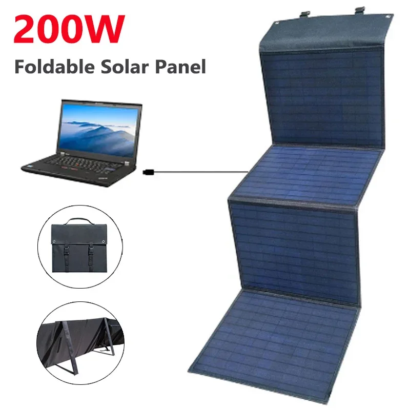 200W Foldable Solar Panel USB+DC Output Charger Portable Folding Solar Cell with Bracket Power Bank for Phone Hiking Camping