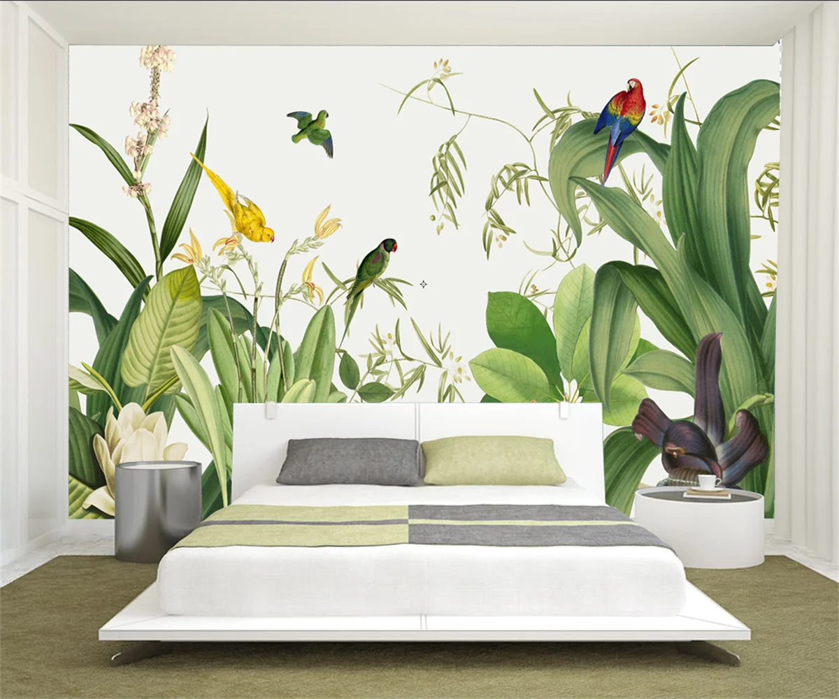 

Custom mural fresh tropical plant leaves flowers and birds photo wallpaper Bedroom TV background wall decoration wallpaper