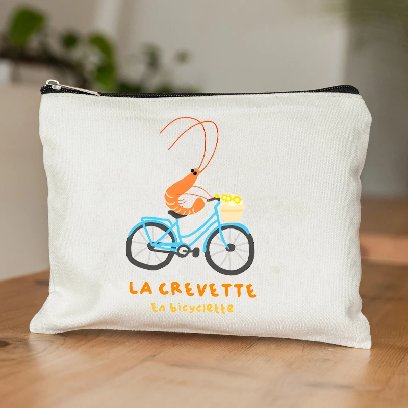 Cartoon Shrimp Design Makeup Bag Cosmetic Pouch Toiletry Case Floral Basket Artwork LA CREVETTE French Style Travel Organizer