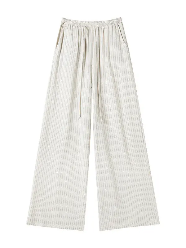 plus Size Women's White Linen Wide Leg Pants Summer Thin Casual Loose Straight Cotton Linen Stripe Trousers High Waist Straig...