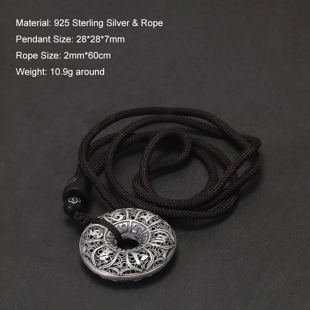 925 스털링 실버 육자진언 목걸이 남성용 원형 펜던트 브라운 로프 빈티지 종교 장신구