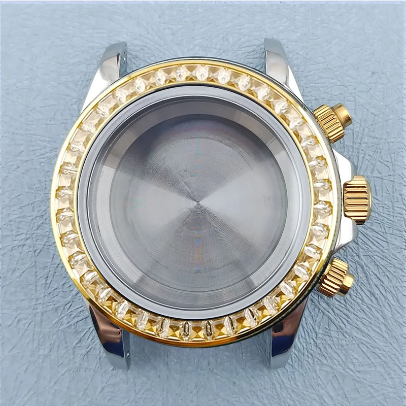 Silver and gold 39.5mm VK63 Case Gem Bezel quartz chronograph watch Custom logo Dial Fit VK63 Movement Sapphire Glass Watch Case