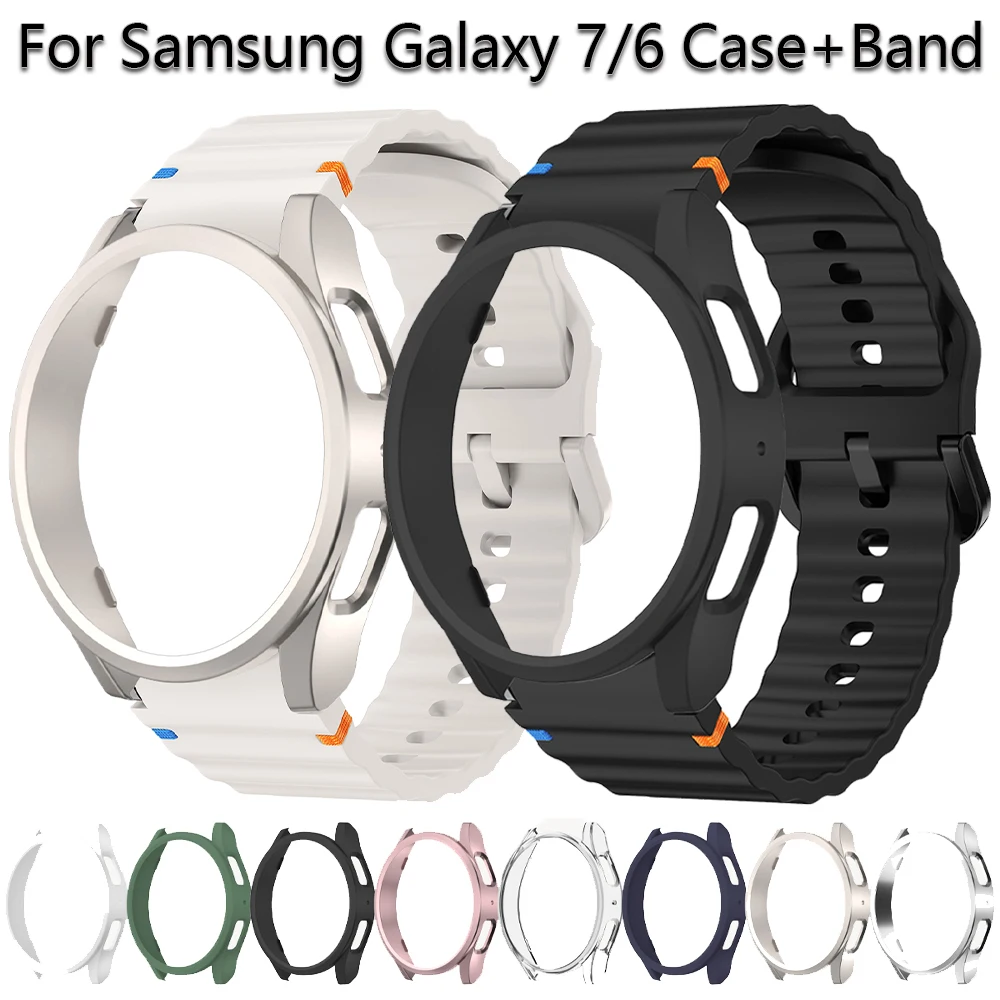 Étui + Bracelet pour Samsung Galaxy Watch 7 6 40mm 44mm, Bracelet officiel en Silicone, housse de protection PC pare-chocs pour Galaxy Watch 7 6