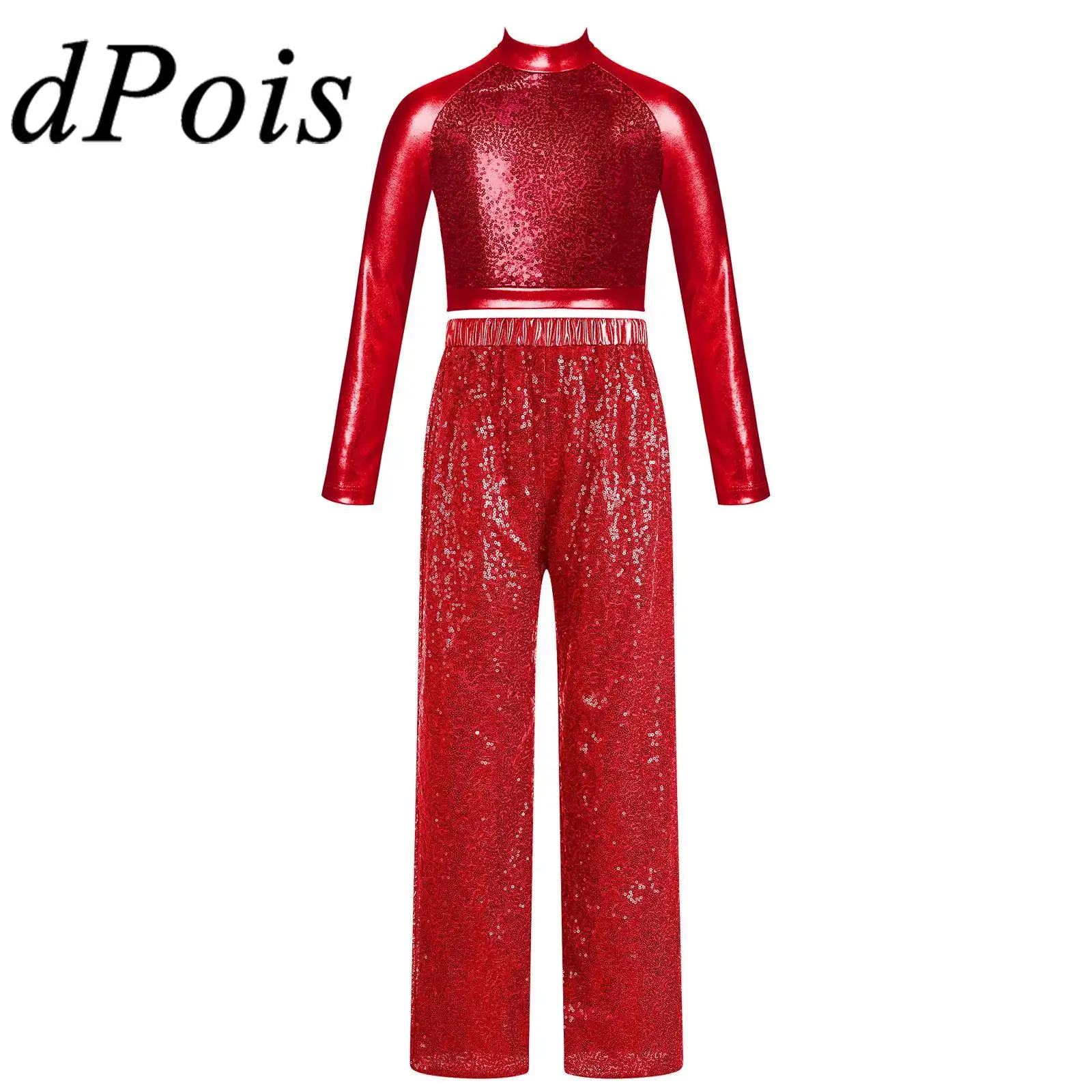 

Kids Girls Sequins Jazz Dance Costume Long Sleeve Crop Top with Pants Children Hip Hop Clothes Sets for Dancing Ballet Outfit