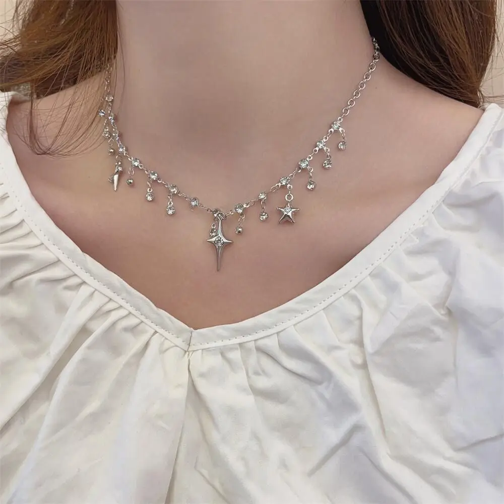 Elegant Zinc Alloy Harajuku Tassel Silver Geometric Four Pointed Star Adjustable Water Drop Pendant Evening Wear