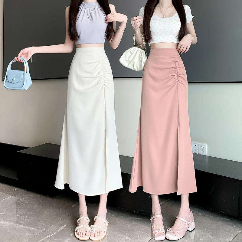 Seoulish-Jupe trapèze taille haute fendue en queue de poisson pour femme, tenue de bureau élégante et décontractée, couleur unie, nouvelle collection été 2024