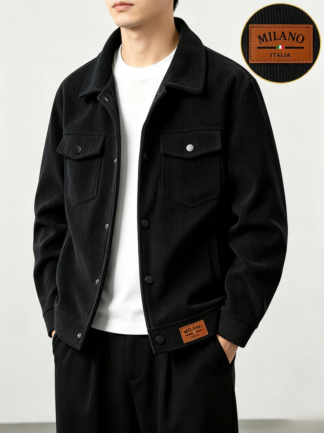 Mens Corduroy Trucker Jacket Turn Down Collar Double Chest Pockets Button Down Casual Outerwear Set
