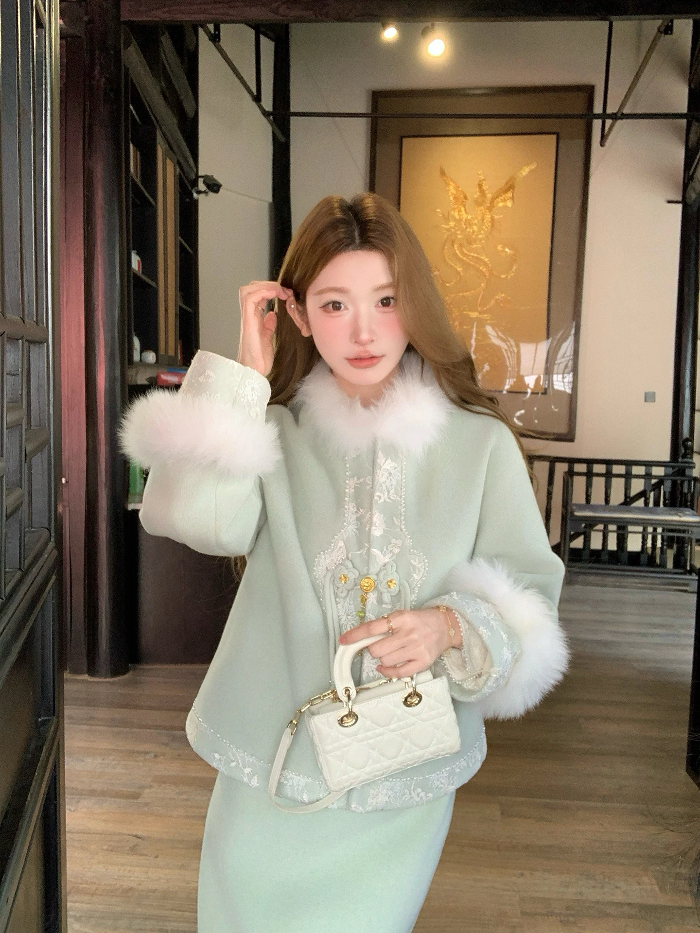 

Ele Chinese Sle Fur Woolen Jaet And Skirt Set Slimming Winter Faion Women's Two-Piece Suit Long Sve Button up