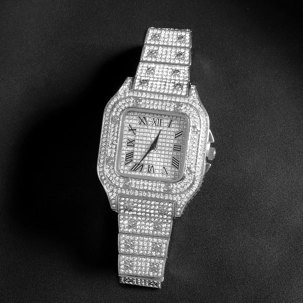 Unisex Hip Hop Diamond Quartz Watch, Luxury Shiny Diamond Wristwatch for Rappers, Fashion Jewelry Accessories