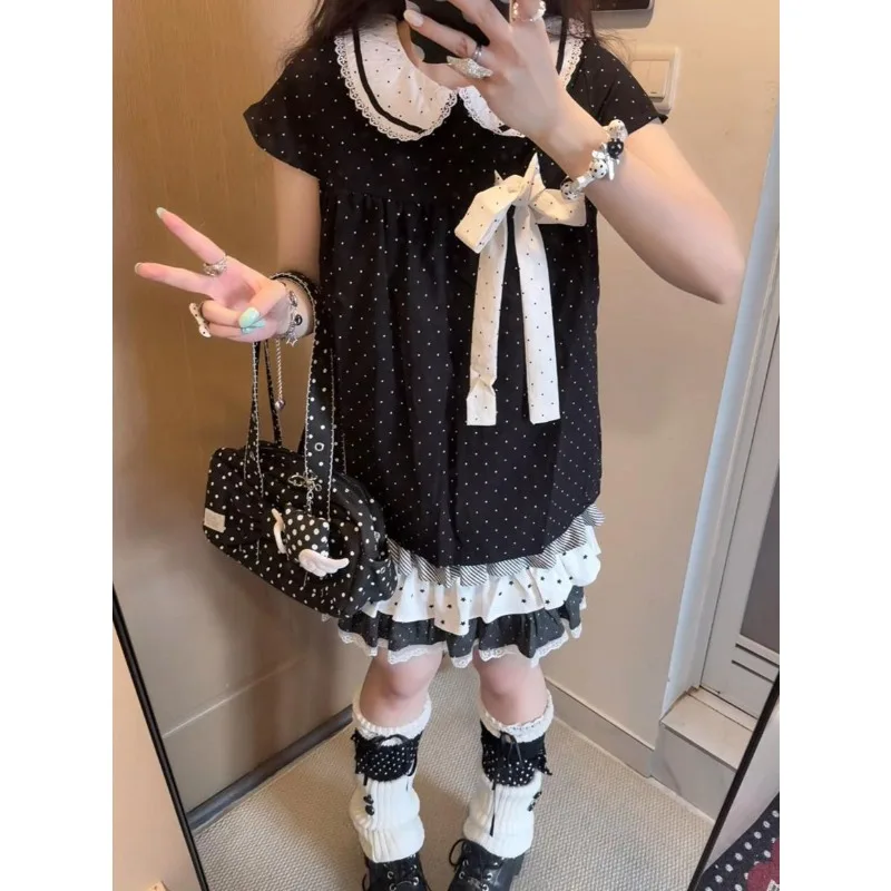 Japanese Vintage Harajuku Polka Dot Neck Short Sleeved Top Chic Pleated Mini Cake Skirt Light Asian Y2k Cute Two-piece Set