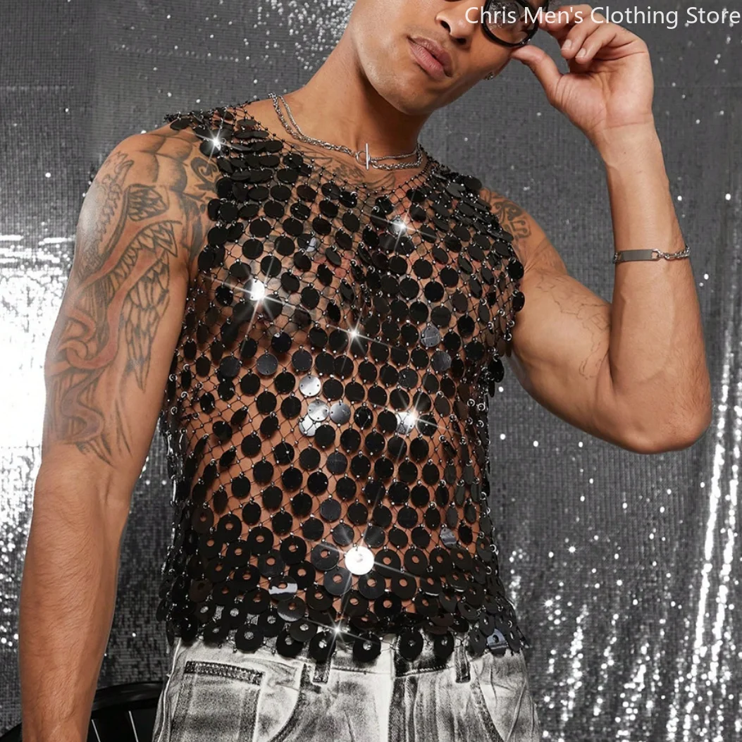 

Новинка 2024 года, мужская майка без рукавов с блестками, прозрачный сетчатый дизайн, блестящий жилет, уличная одежда, Клубная одежда, модные жилеты для вечеринок и выступлений