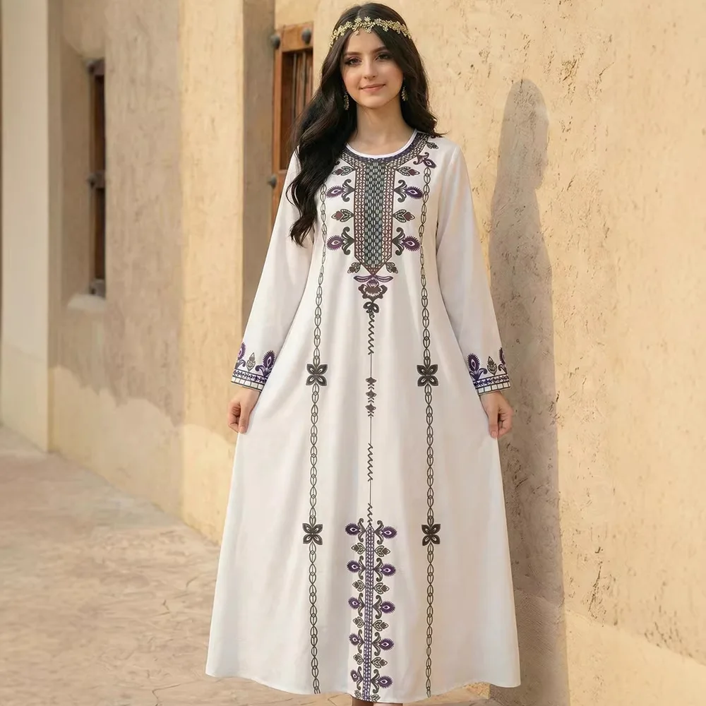 

New Arrival Kids Boho Pattern Color Block Robe, Long Sleeve Round Neck Loose Dress With Golden Lace Ornament