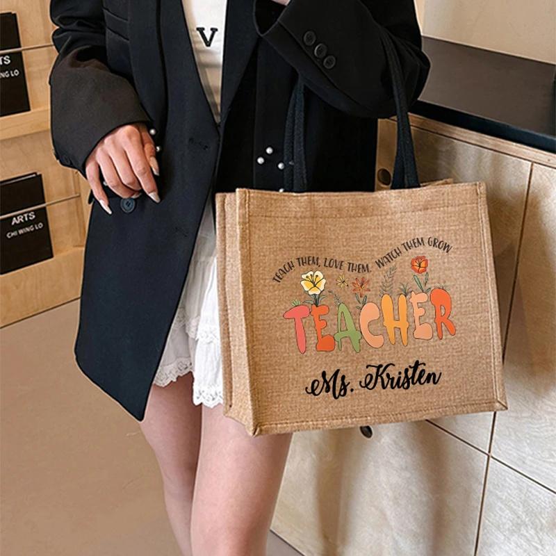 

Teacher Flower Customized Name Linen Tote Bag Large Capacity Travel Storage Shoulder Bag Shopping Bag Personalized Teachers Gift
