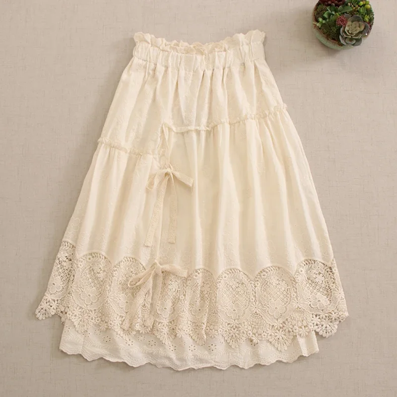 Summer Sweet Mori Girl Solid Color Hollow Out Embroidered Cotton Skirts Women Elastic Waist Double Layer Casual Skirt