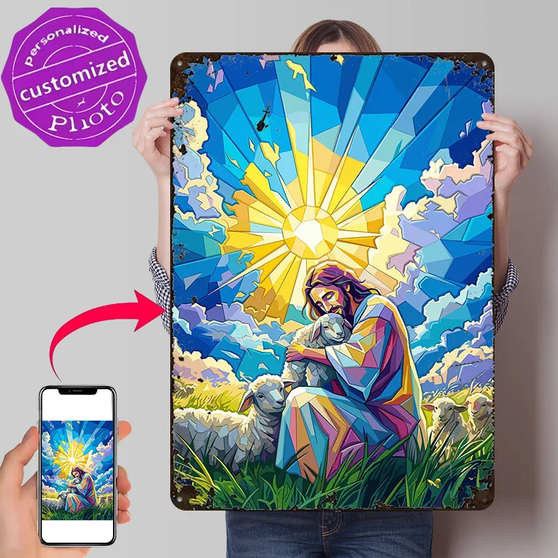 Jesus Embracing a Lamb 3D Texture Printed Poster Custom Vintage Metal Tin Plate Sign for Wall Art Decor Room Decoration At Home
