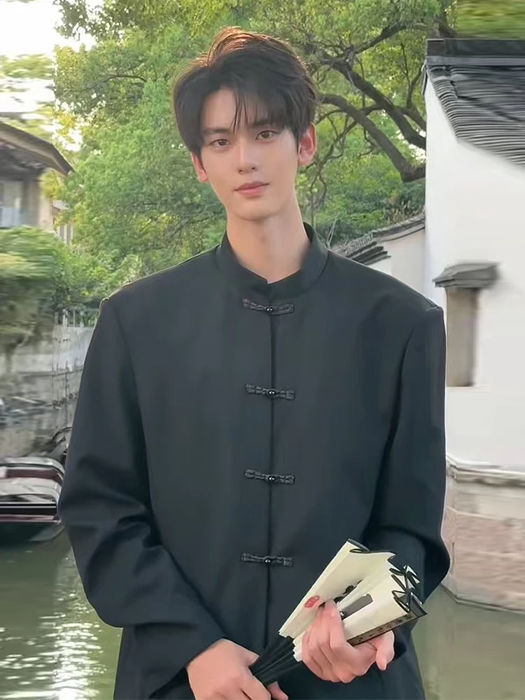 

Мужское осенне-зимнее пальто-костюм в китайском стиле Ханьфу с воротником-стойкой, на пуговицах, с подплечниками, повседневное, с длинными рукавами