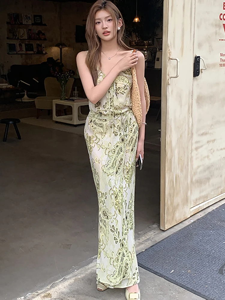 Abito lungo sexy da donna verde floreale chic con fiocco 2025 Nuovo elegante abito da vacanza casual estivo coreano aderente abiti da festival